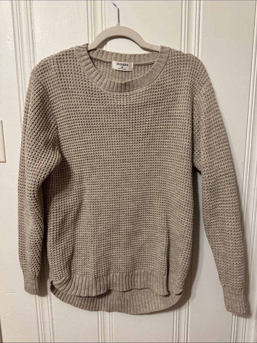 Zenana Outfitters Taupe Waffle-Knit Crewneck Sweater